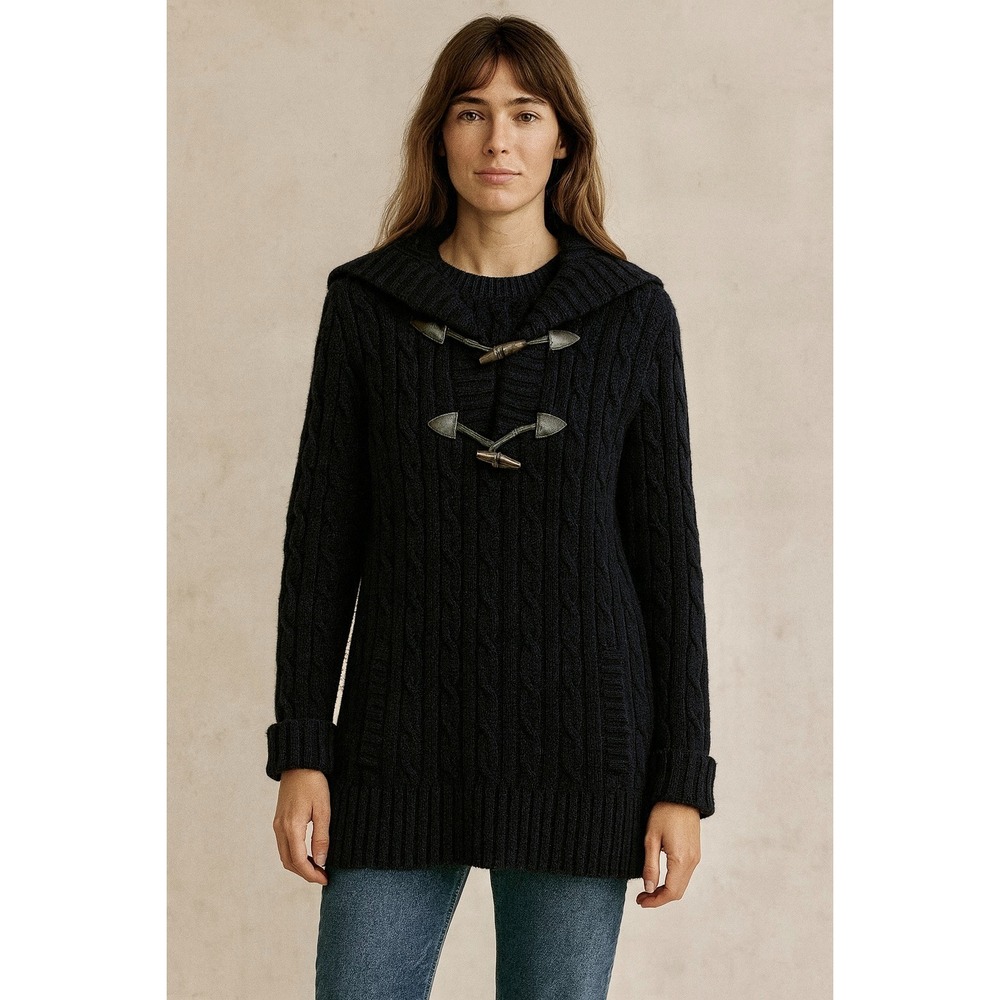 VTG Y2K Ralph Lauren Black Wool Cashmere Sweater Cable Knit Toggles Preppy Small